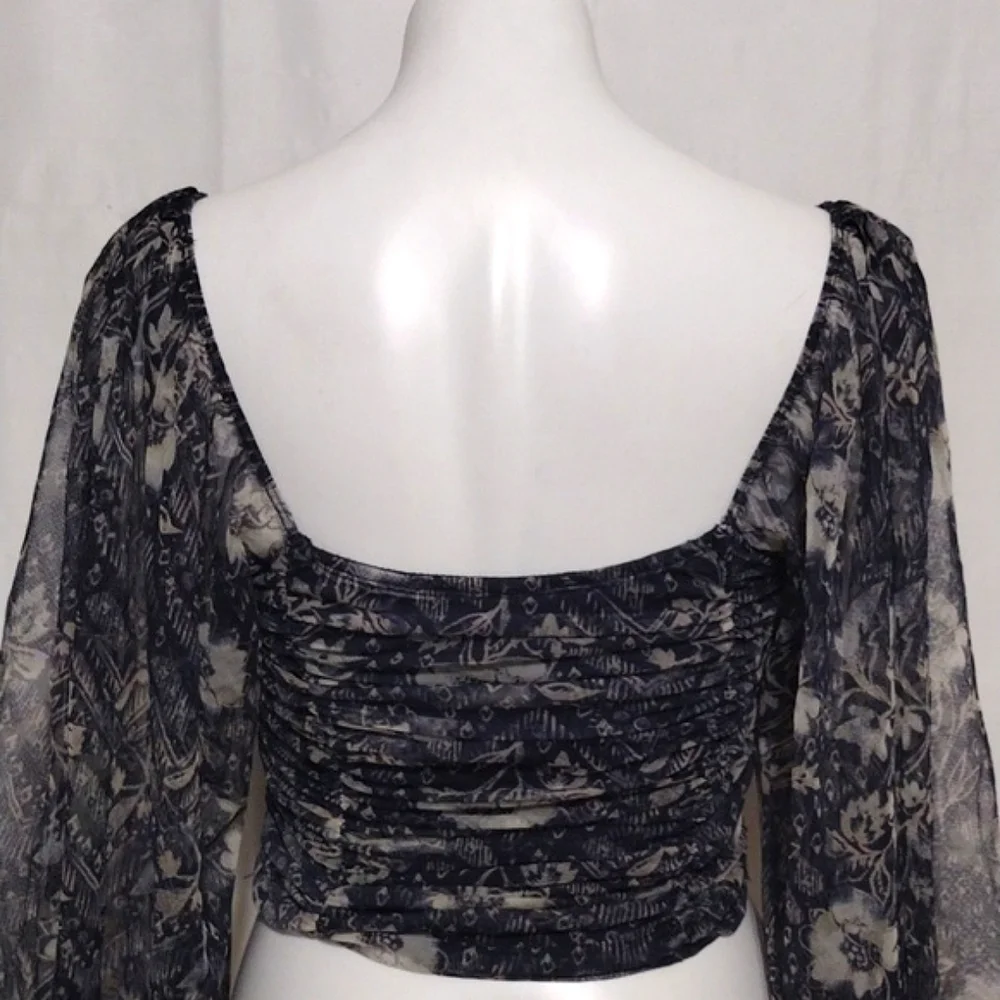 Free People Smocked Floral Sheer Puff Sleeve Crop Top Boho Coquette Cottagecore